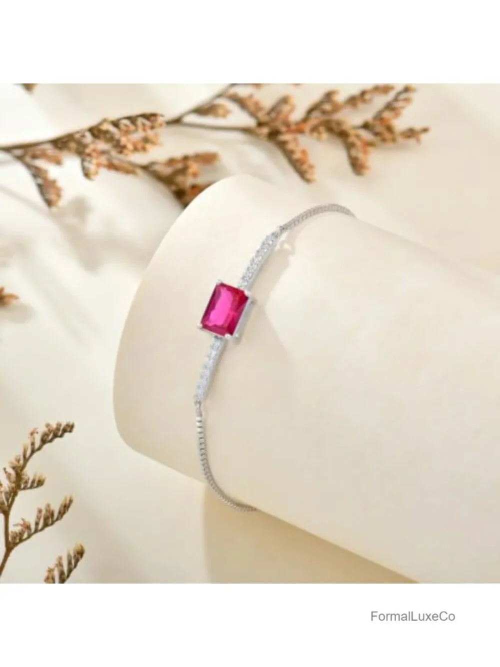Sterling Silver Halo Rectangular Cut Birthstone Bracelet for Her